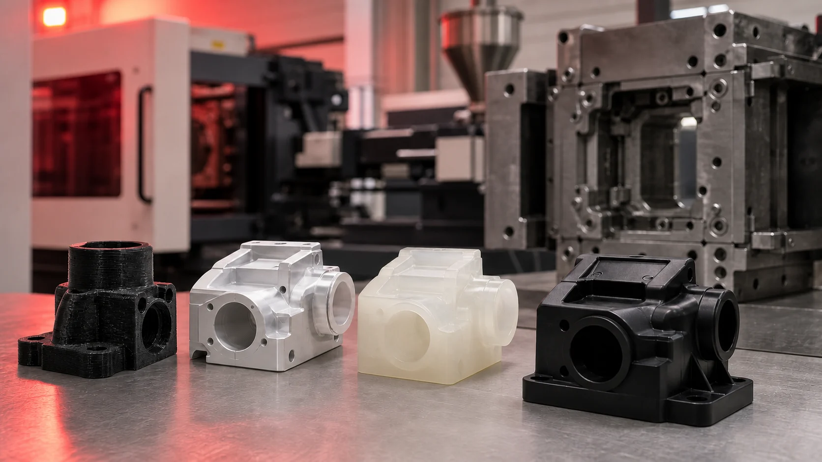 Piezas prototipo fabricadas con distintas tecnologías junto a un molde de inyección