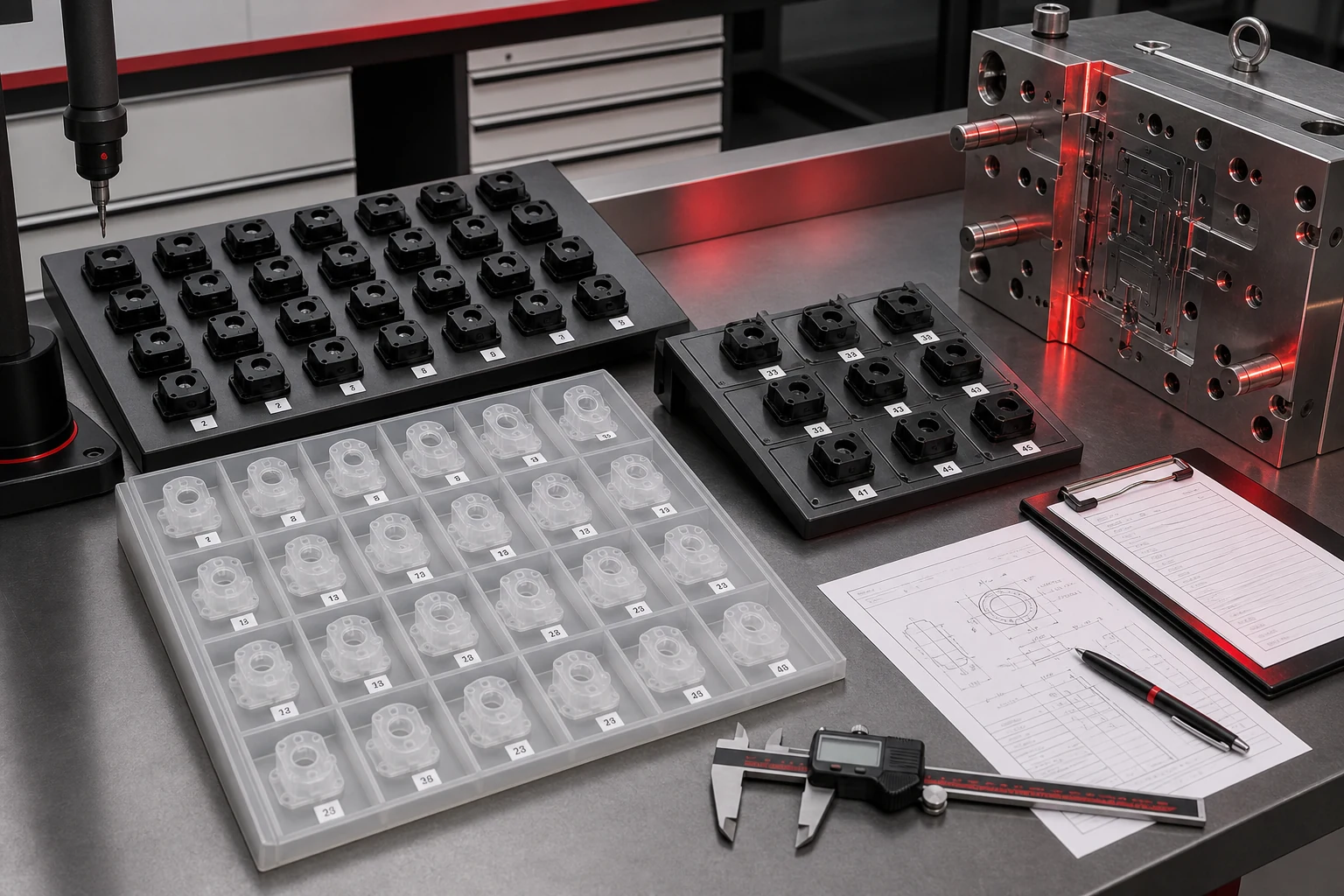 Lote de piezas prototipo inyectadas preparado para medici�n y validaci�n