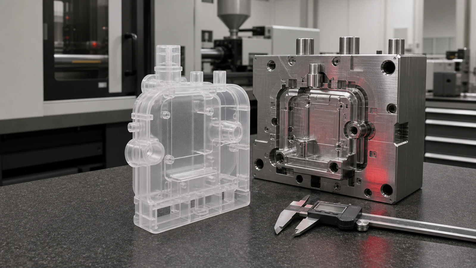 Injection-moulded medical-device component and prototype mould used to validate the production material
