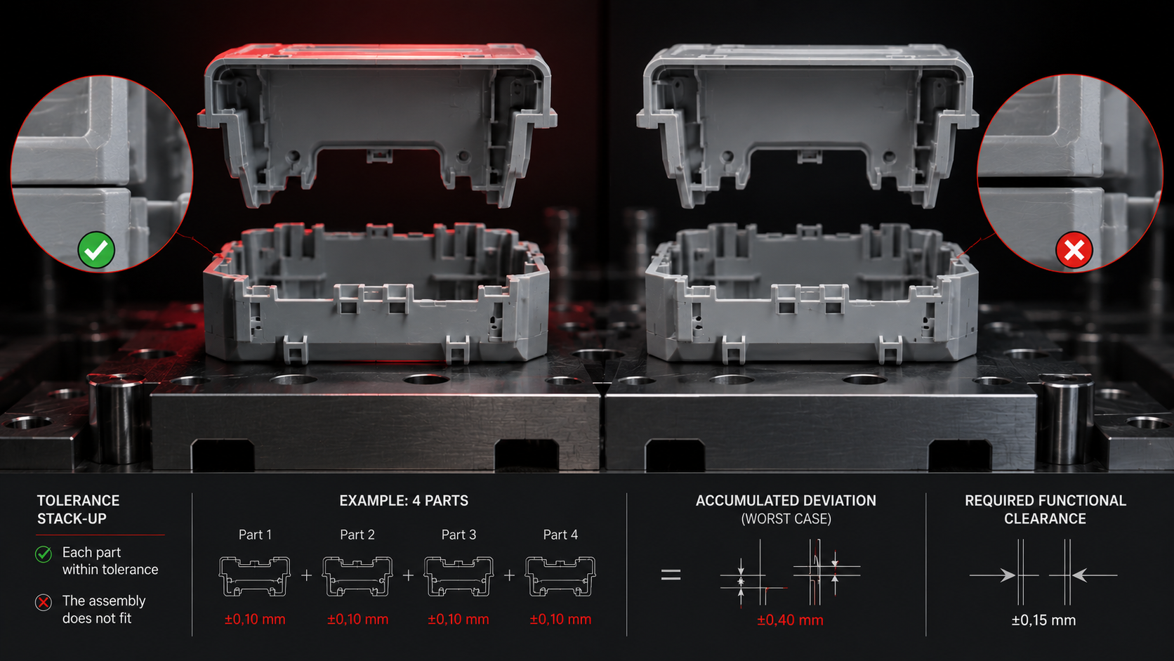 Infographic on tolerance stack-up in injection-moulded plastic assemblies