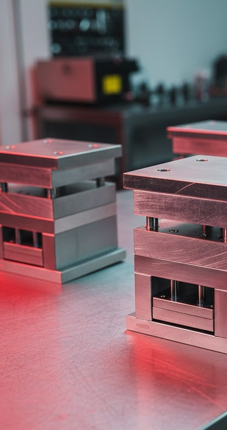 Postizos de molde prototipo sobre superficie industrial con iluminación roja — Pilot2Plant